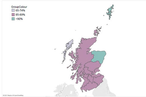 This image is a heat map of Scotland showing each the percentage of Scottish Multiple Sclerosis Register patients who have received their first COVID-19 vaccine dose